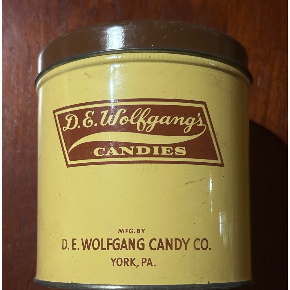 York PA Wolfgang Candies Tin Yellow Vintage Advertising Confections Kitchenalia